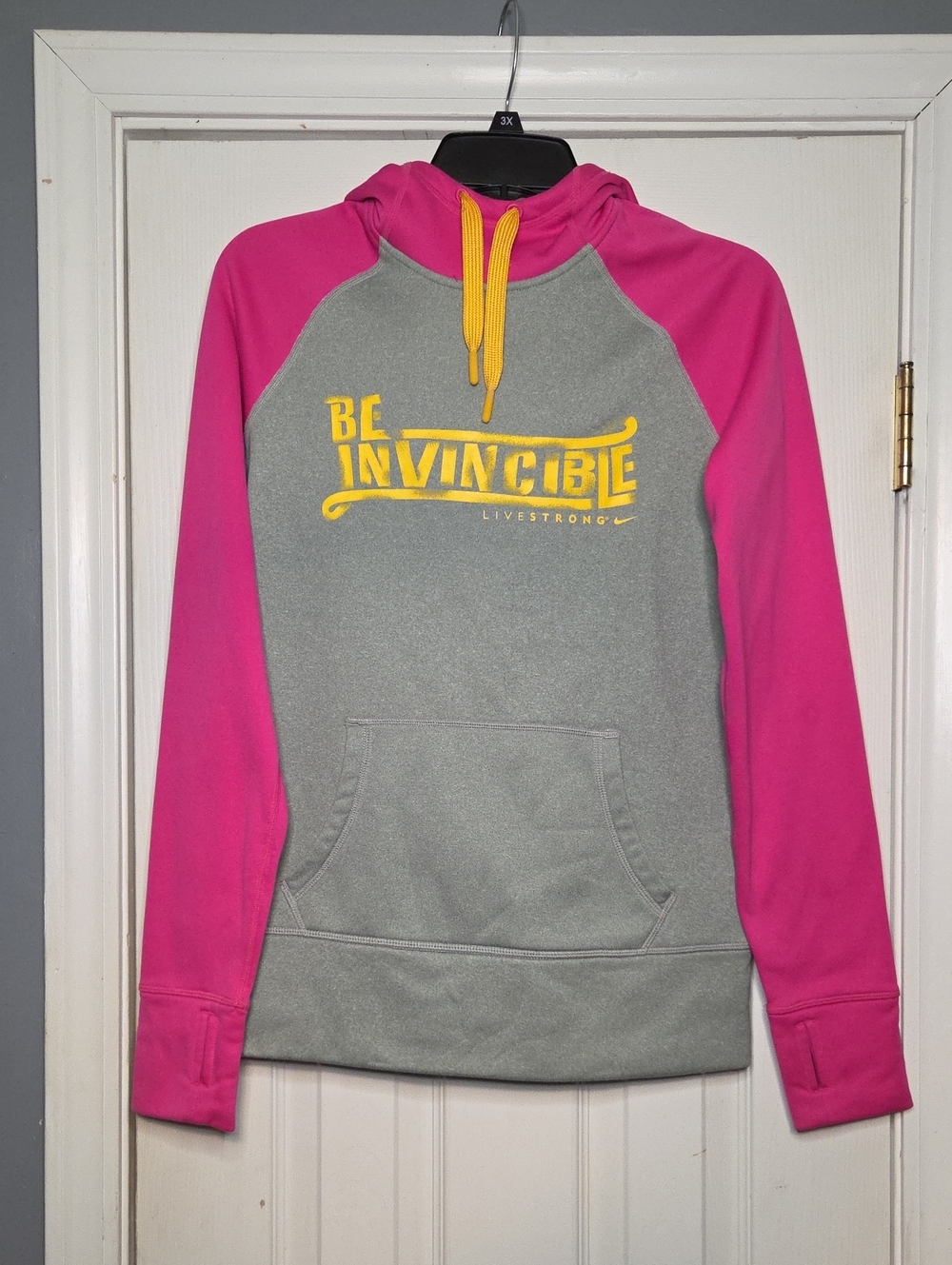 Nike Gray Hoodie with Pink Raglan Sleeves and Yellow Accents